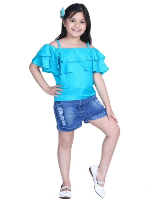 Generic Girl's Rayon Solid Cold Shoulder Top with Shorts (Blue)