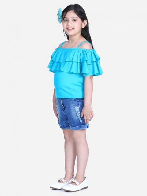 Generic Girl's Rayon Solid Cold Shoulder Top with Shorts (Blue)