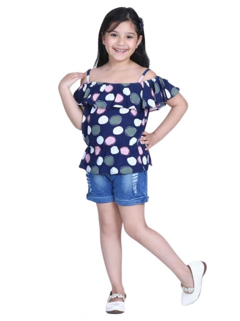 Generic Girl's Rayon Solid Cold Shoulder Top with Shorts (Navy Blue)