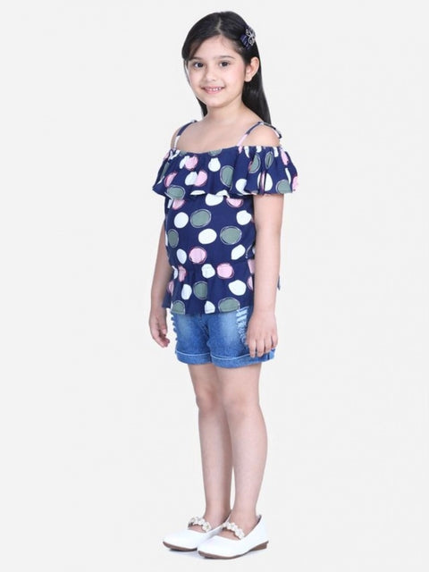 Generic Girl's Rayon Solid Cold Shoulder Top with Shorts (Navy Blue)