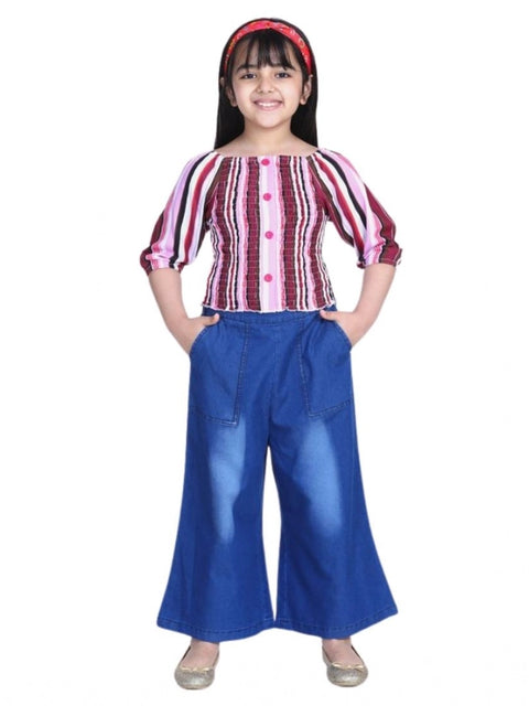 Generic Girl's Rayon Solid Bell Sleeve Top with Culottes (Purple-Blue)