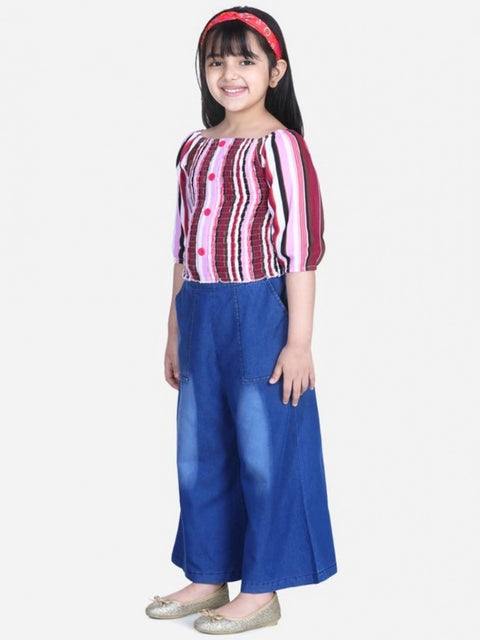 Generic Girl's Rayon Solid Bell Sleeve Top with Culottes (Purple-Blue)