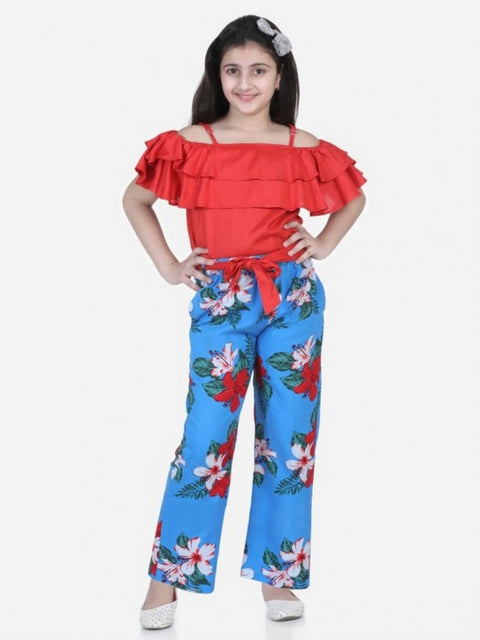 Generic Girl's Rayon Floral Short Sleeve Top and Trouser Set (Multicolor)