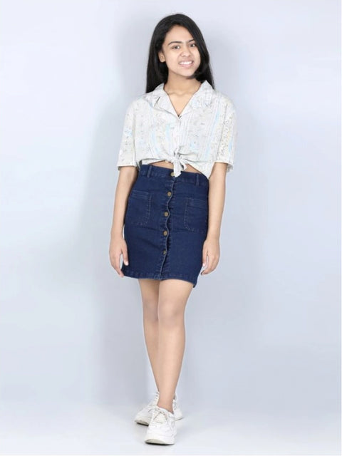Generic Girl's Denim Solid Buttoned Skirt (Navy Blue)