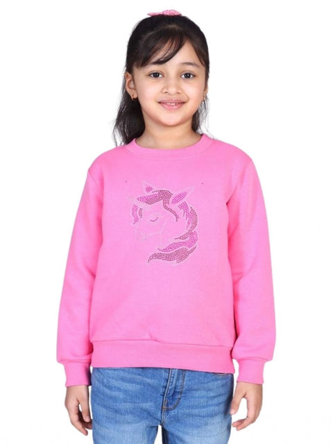 Generic Girl's Fleece Embellished Long Sleeves Sweatshirt (Pink)