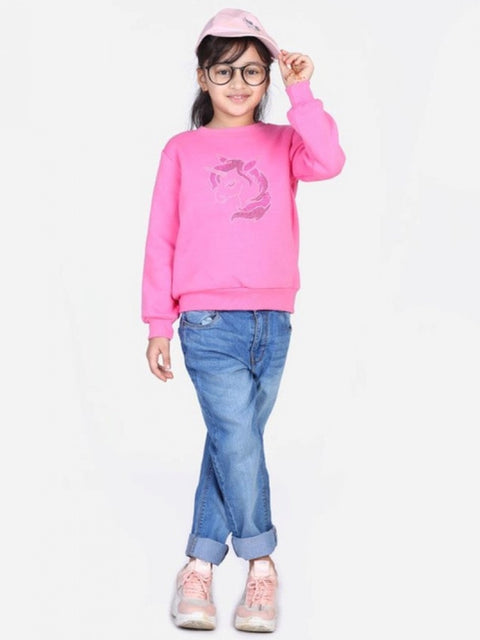 Generic Girl's Fleece Embellished Long Sleeves Sweatshirt (Pink)