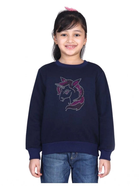 Generic Girl's Fleece Embellished Long Sleeves Sweatshirt (Navy Blue)