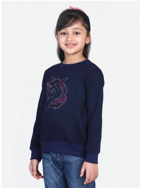 Generic Girl's Fleece Embellished Long Sleeves Sweatshirt (Navy Blue)