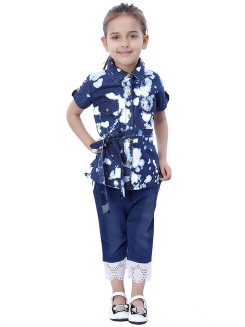 Generic Girl's Denim Tie & Dye Short Sleeve Top (Blue-White)