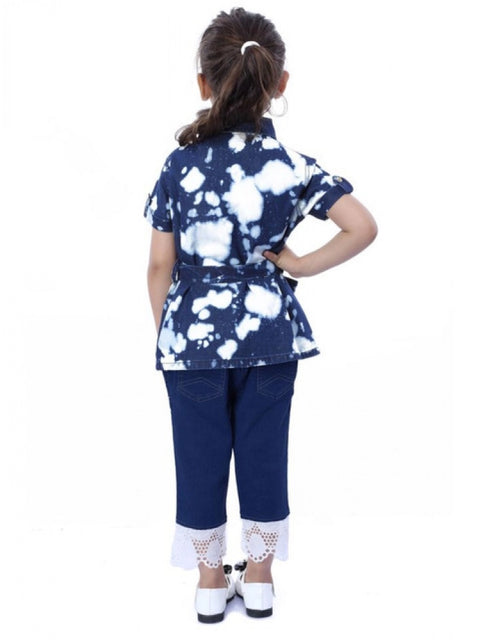 Generic Girl's Denim Tie & Dye Short Sleeve Top (Blue-White)
