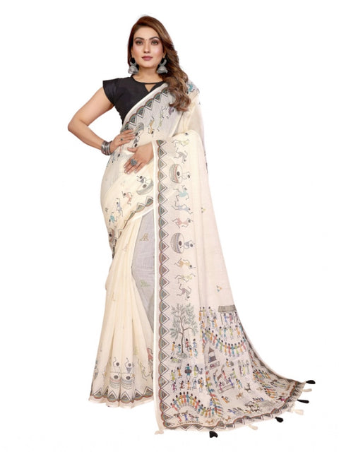 Generic Women's Linen Cotton Printed Saree With Unstitched Blouse 5.5Mtr (Off White)
