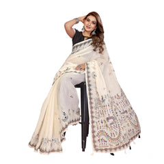 Generic Women's Linen Cotton Printed Saree With Unstitched Blouse 5.5Mtr (Off White)
