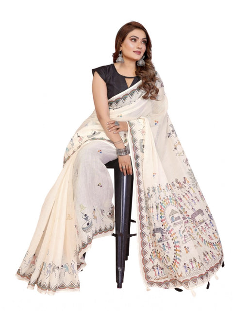 Generic Women's Linen Cotton Printed Saree With Unstitched Blouse 5.5Mtr (Off White)