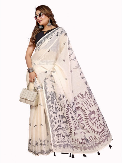 Generic Women's Linen Cotton Printed Saree With Unstitched Blouse 5.5Mtr (Off White)