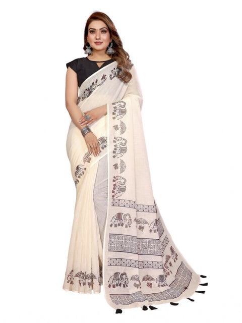 Generic Women's Linen Cotton Printed Saree With Unstitched Blouse 5.5Mtr (Off White)