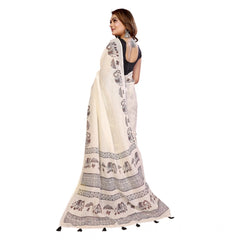 Generic Women's Linen Cotton Printed Saree With Unstitched Blouse 5.5Mtr (Off White)