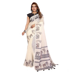 Generic Women's Linen Cotton Printed Saree With Unstitched Blouse 5.5Mtr (Off White)