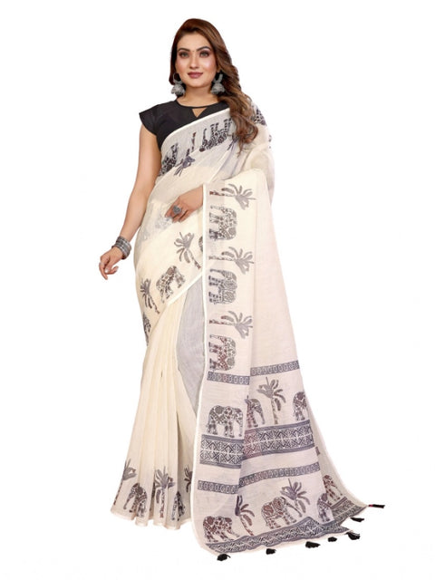 Generic Women's Linen Cotton Printed Saree With Unstitched Blouse 5.5Mtr (Off White)
