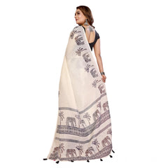Generic Women's Linen Cotton Printed Saree With Unstitched Blouse 5.5Mtr (Off White)