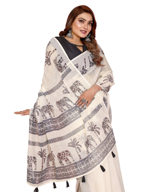 Generic Women's Linen Cotton Printed Saree With Unstitched Blouse 5.5Mtr (Off White)