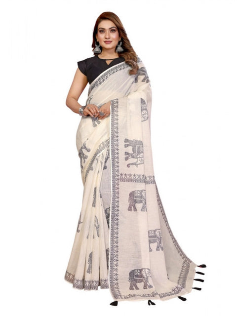 Generic Women's Linen Cotton Printed Saree With Unstitched Blouse 5.5Mtr (Off White)