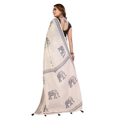 Generic Women's Linen Cotton Printed Saree With Unstitched Blouse 5.5Mtr (Off White)