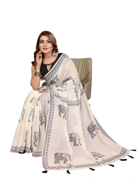 Generic Women's Linen Cotton Printed Saree With Unstitched Blouse 5.5Mtr (Off White)