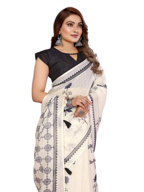 Generic Women's Linen Cotton Printed Saree With Unstitched Blouse 5.5Mtr (Off White)
