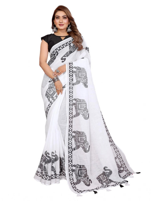 Generic Women's Linen Cotton Printed Saree With Unstitched Blouse 5.5Mtr (White)