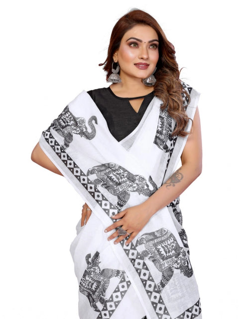 Generic Women's Linen Cotton Printed Saree With Unstitched Blouse 5.5Mtr (White)