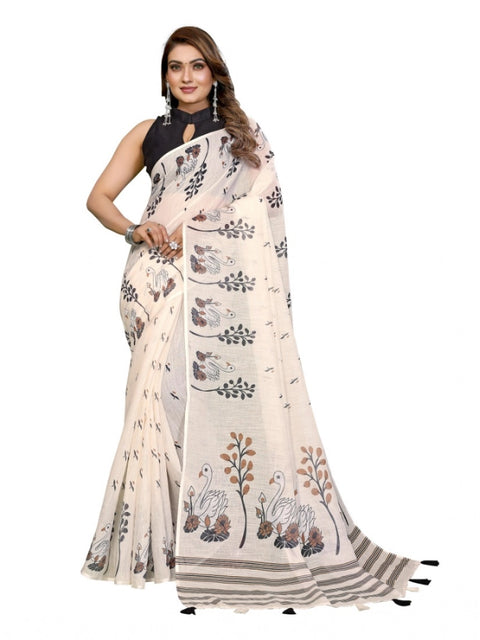 Generic Women's Linen Cotton Printed Saree With Unstitched Blouse 5.5Mtr (Off White)