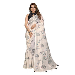 Generic Women's Linen Cotton Printed Saree With Unstitched Blouse 5.5Mtr (Off White)