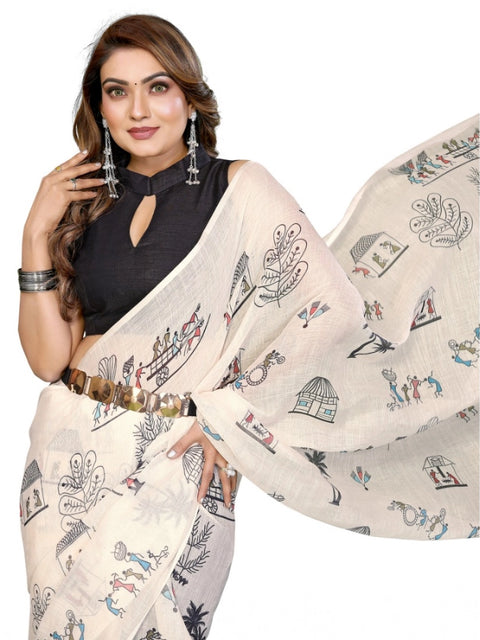 Generic Women's Linen Cotton Printed Saree With Unstitched Blouse 5.5Mtr (Off White)