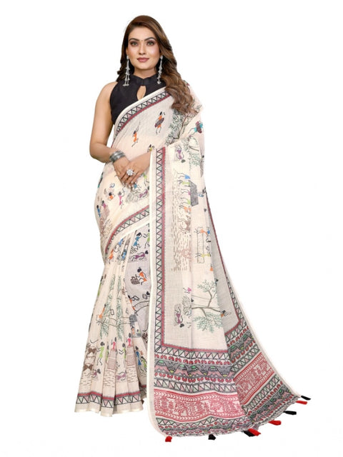 Generic Women's Linen Cotton Printed Saree With Unstitched Blouse 5.5Mtr (Off White)