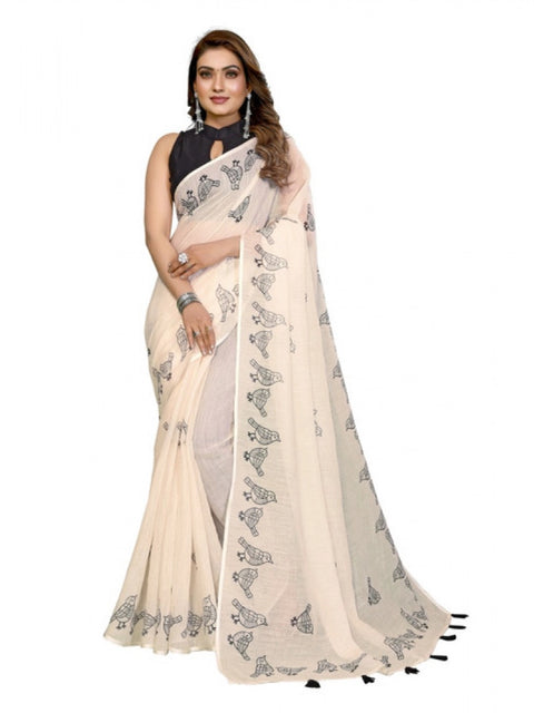 Generic Women's Linen Cotton Printed Saree With Unstitched Blouse 5.5Mtr (Off White)