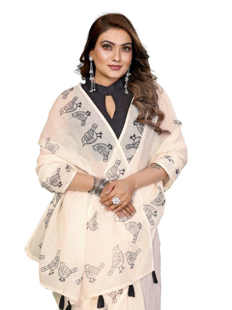Generic Women's Linen Cotton Printed Saree With Unstitched Blouse 5.5Mtr (Off White)