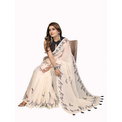 Generic Women's Linen Cotton Printed Saree With Unstitched Blouse 5.5Mtr (Off White)