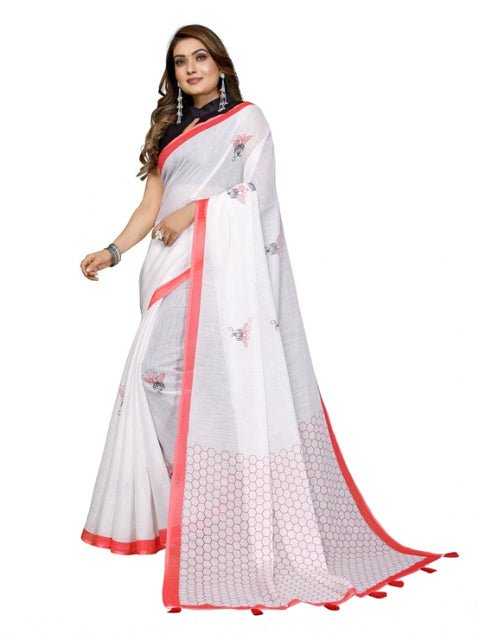 Generic Women's Linen Cotton Printed Saree With Unstitched Blouse 5.5Mtr (White)