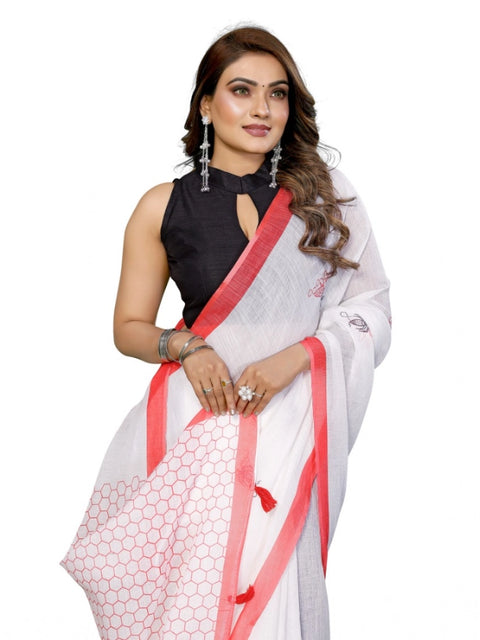 Generic Women's Linen Cotton Printed Saree With Unstitched Blouse 5.5Mtr (White)