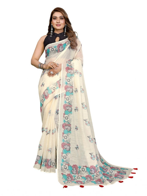 Generic Women's Linen Cotton Printed Saree With Unstitched Blouse 5.5Mtr (Off White)