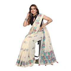Generic Women's Linen Cotton Printed Saree With Unstitched Blouse 5.5Mtr (Off White)