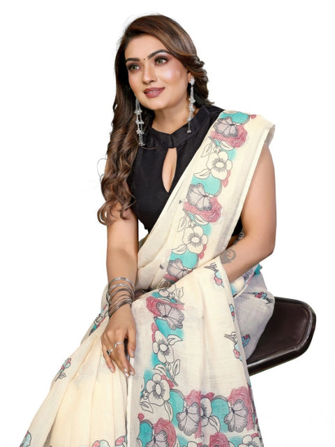 Generic Women's Linen Cotton Printed Saree With Unstitched Blouse 5.5Mtr (Off White)