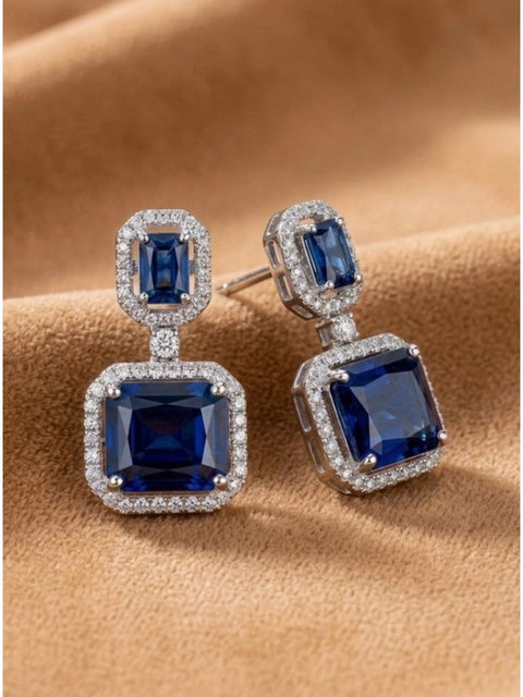 Women's Brass Silver Plated Drop Earrings (Blue)