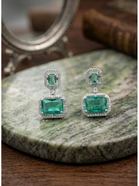 Women's Brass Silver Plated Drop Earrings (Green)