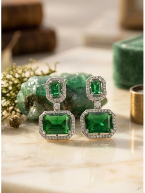 Women's Brass Silver Plated Drop Earrings (Green)