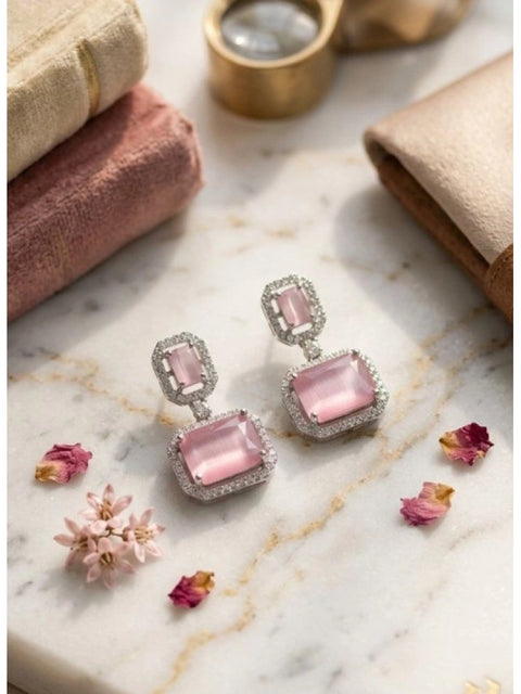 Women's Brass Silver Plated Drop Earrings (Pink)
