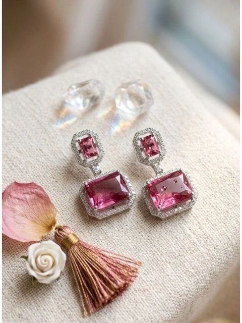 Women's Brass Silver Plated Drop Earrings (Red)