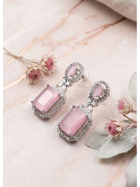 Women's Brass Silver Plated Drop Earrings (Pink)