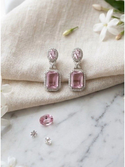 Women's Brass Silver Plated Drop Earrings (Pink)