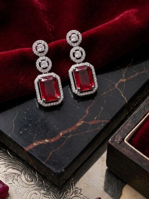 Women's Brass Silver Plated Drop Earrings (Red)
